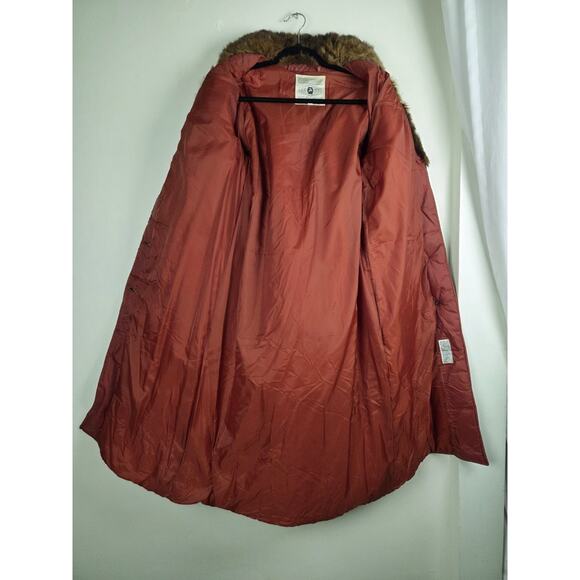 Vintage Quilted Jacket Womens Size 12 Real Fur Collar Long Rust Burnt Red Belted - Picture 7 of 11